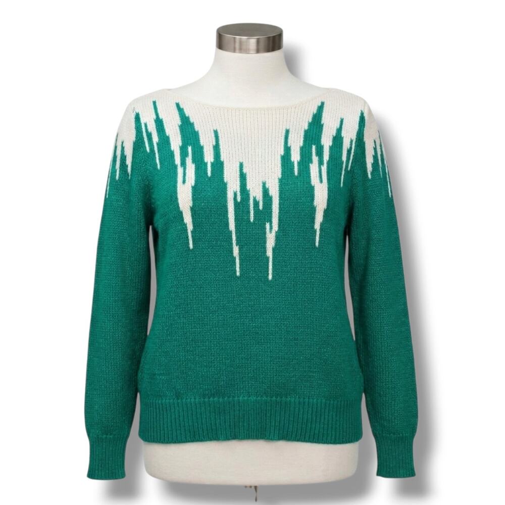 Inspiration Vintage Women's Size S Green White Icicle Graphic Knit Sweater